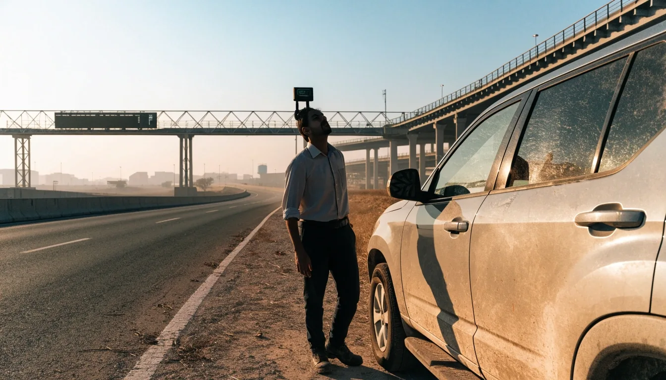 Deep-focus view through a windshield toward a steel gantry and a hazy interchange outside Dubai at golden hour