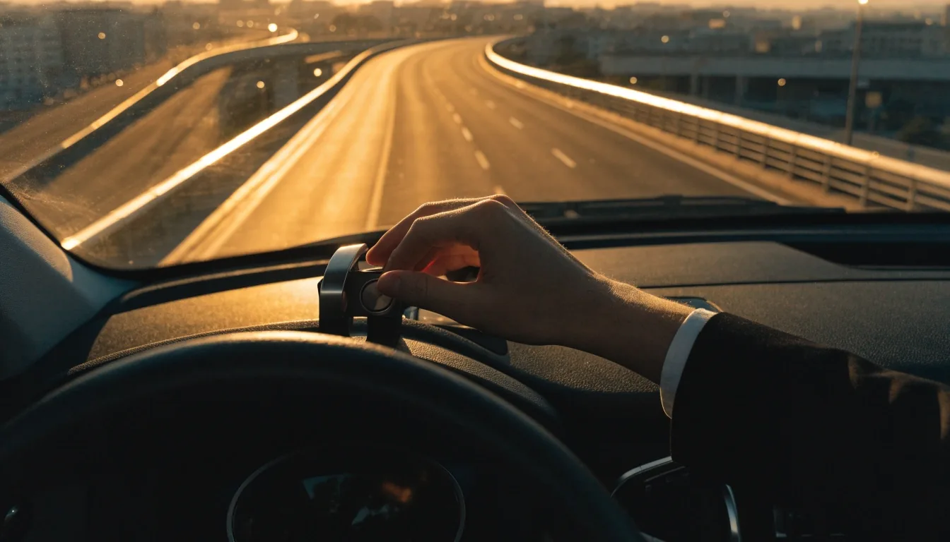 Multi-lane UAE highway corridor at dusk seen from behind a steering wheel with an overhead gantry in the mid-ground
