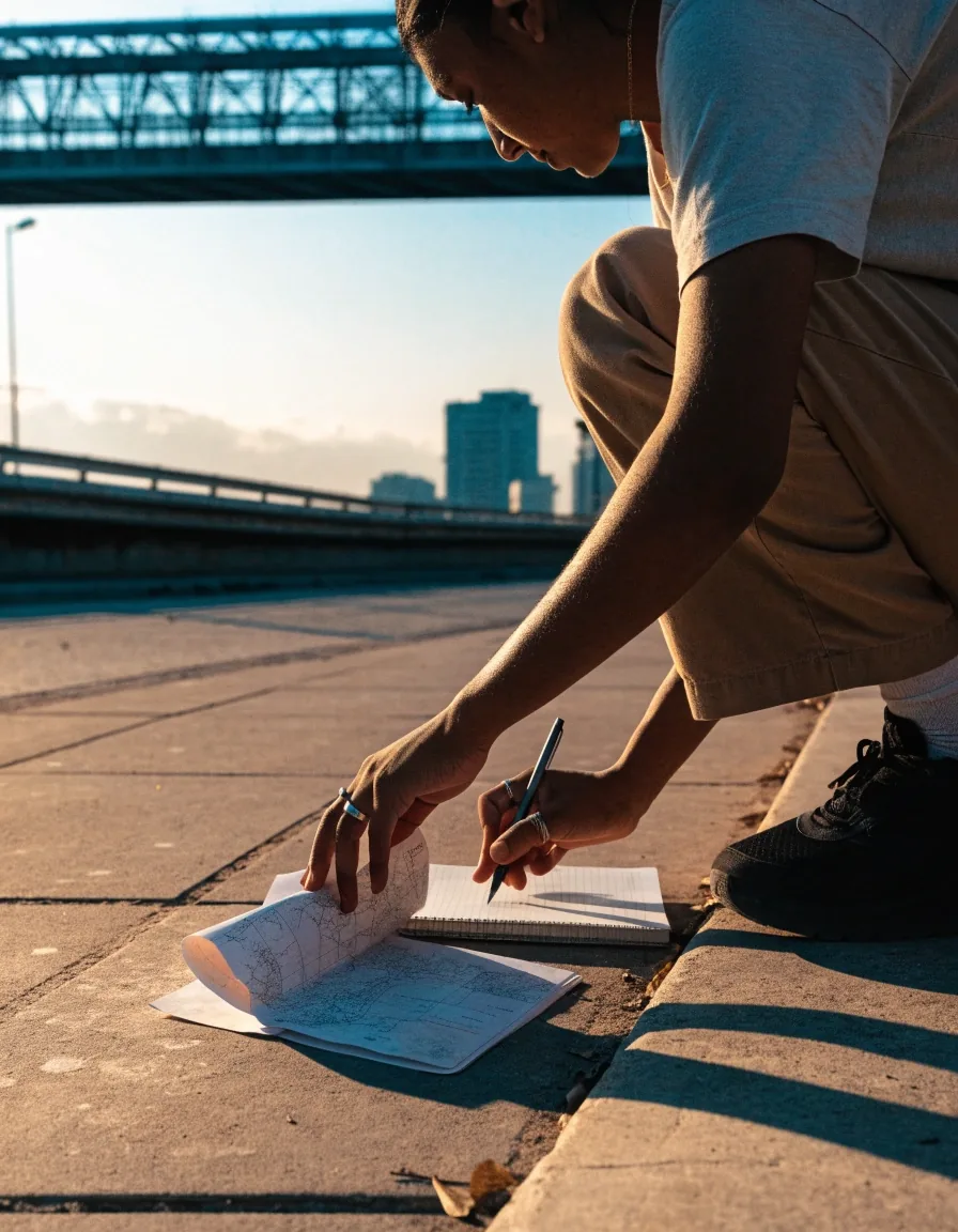 Someone crouching at a road edge with an unfolded paper map and notebook, comparing a route against the street in front of them