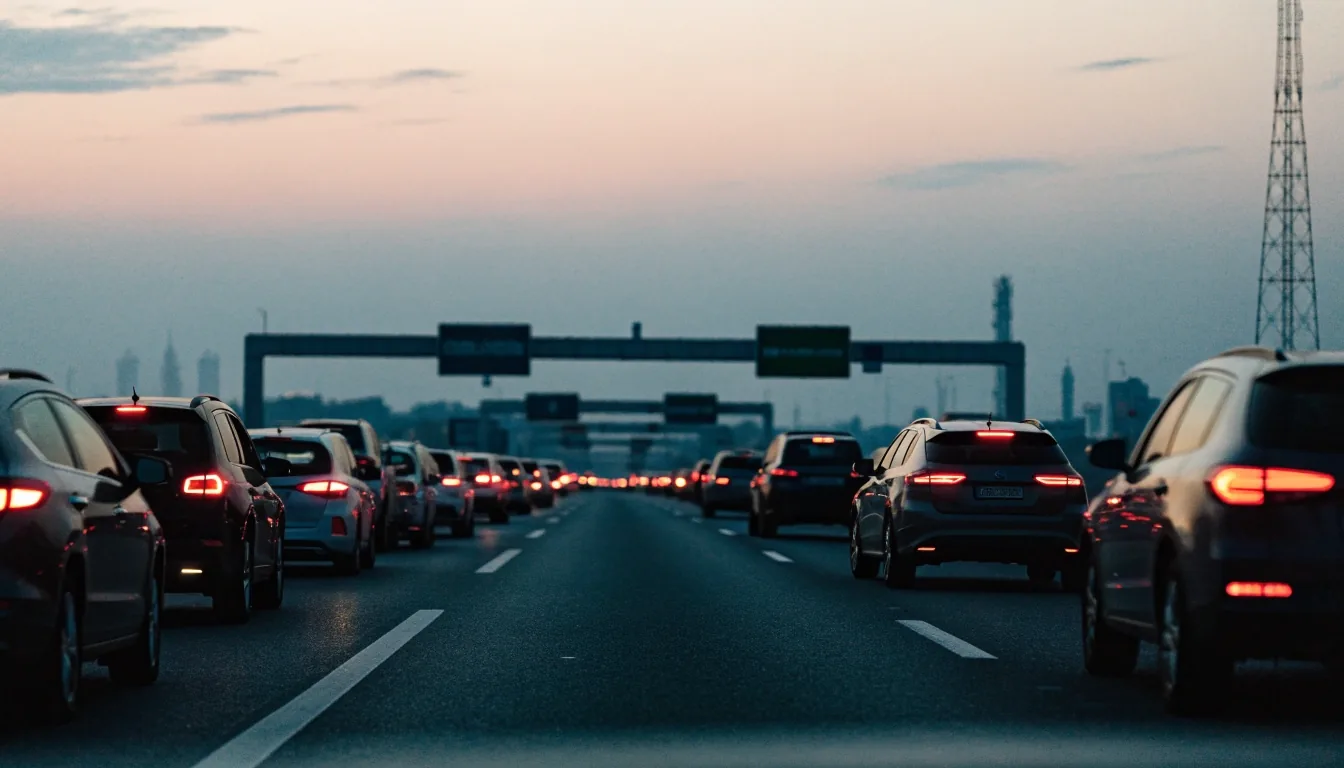 A multi-lane commuter corridor between Sharjah and Dubai at dusk, seen from road level
