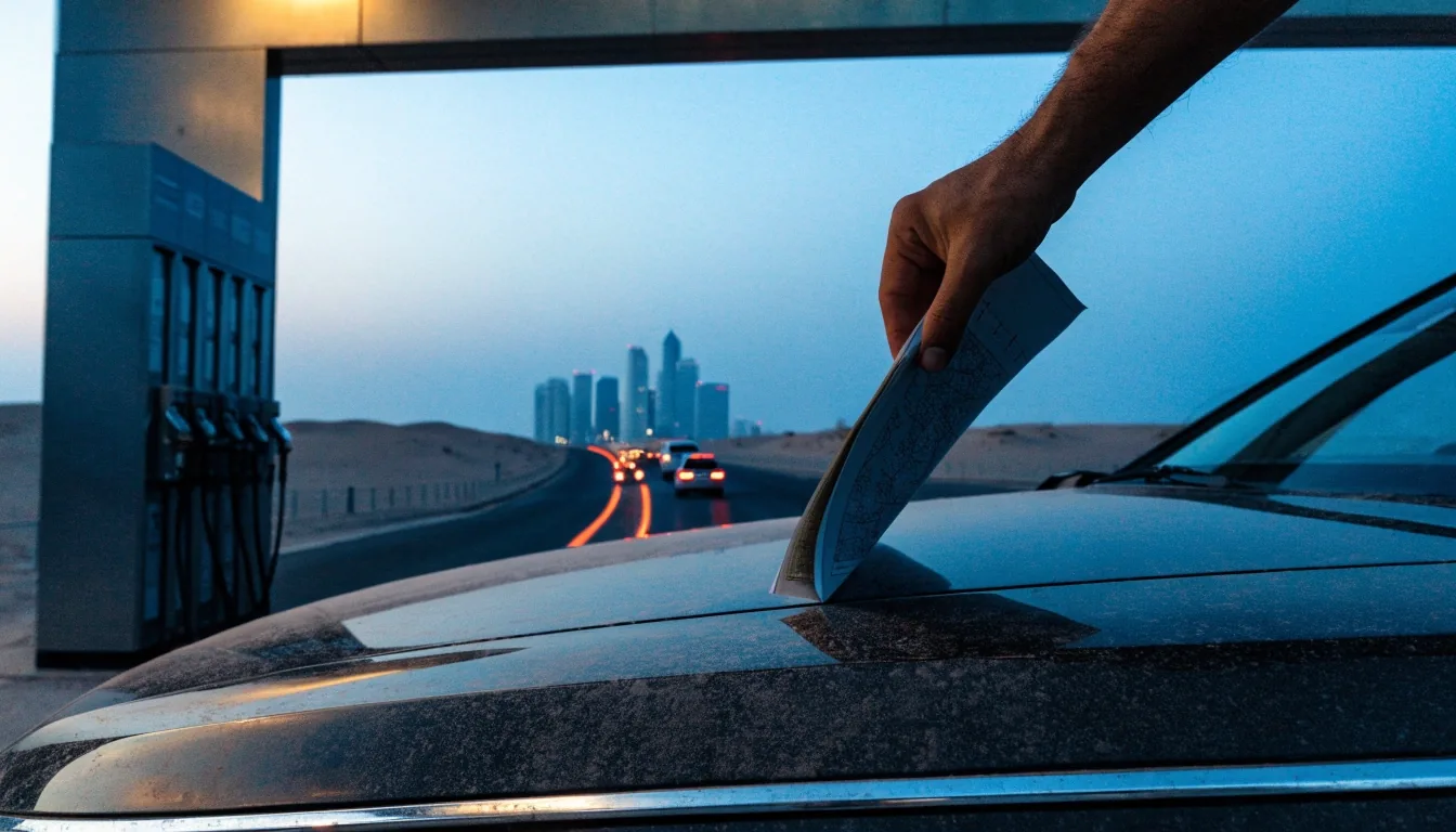 An Emirati highway at dusk with tail lights curving away toward distant towers