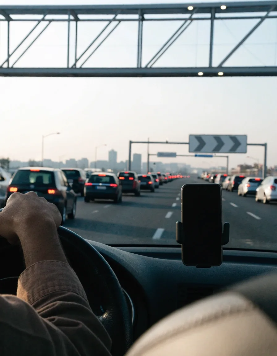 Hands on a steering wheel with a matte unlit phone cradle on the dashboard, carriageway and gantry beyond the windscreen