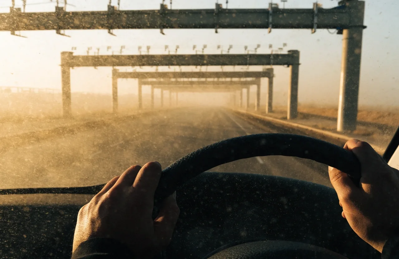 Driver's hands on a steering wheel at golden hour with a gantry sharp in the mid-frame