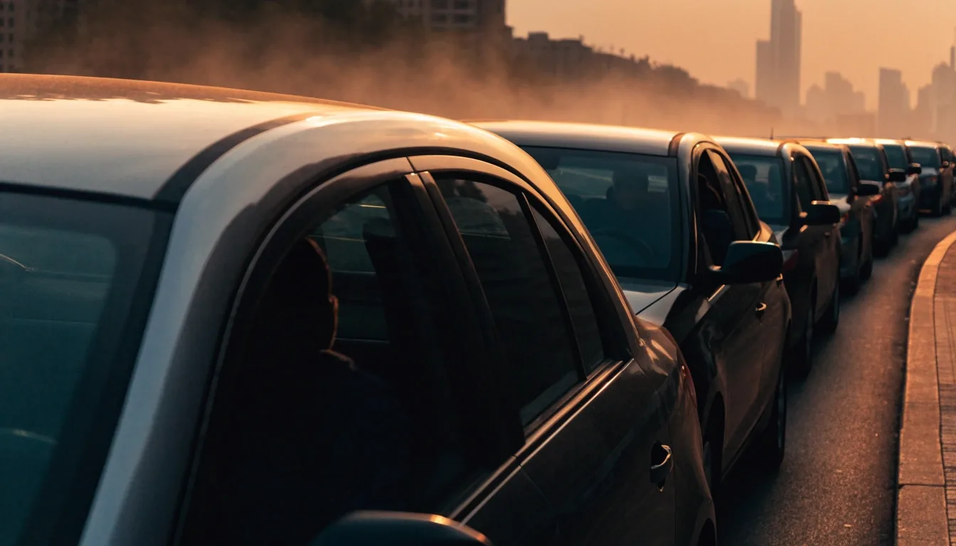Taxi queue at dusk on a Dubai street with warm sidelight on the nearest car roof