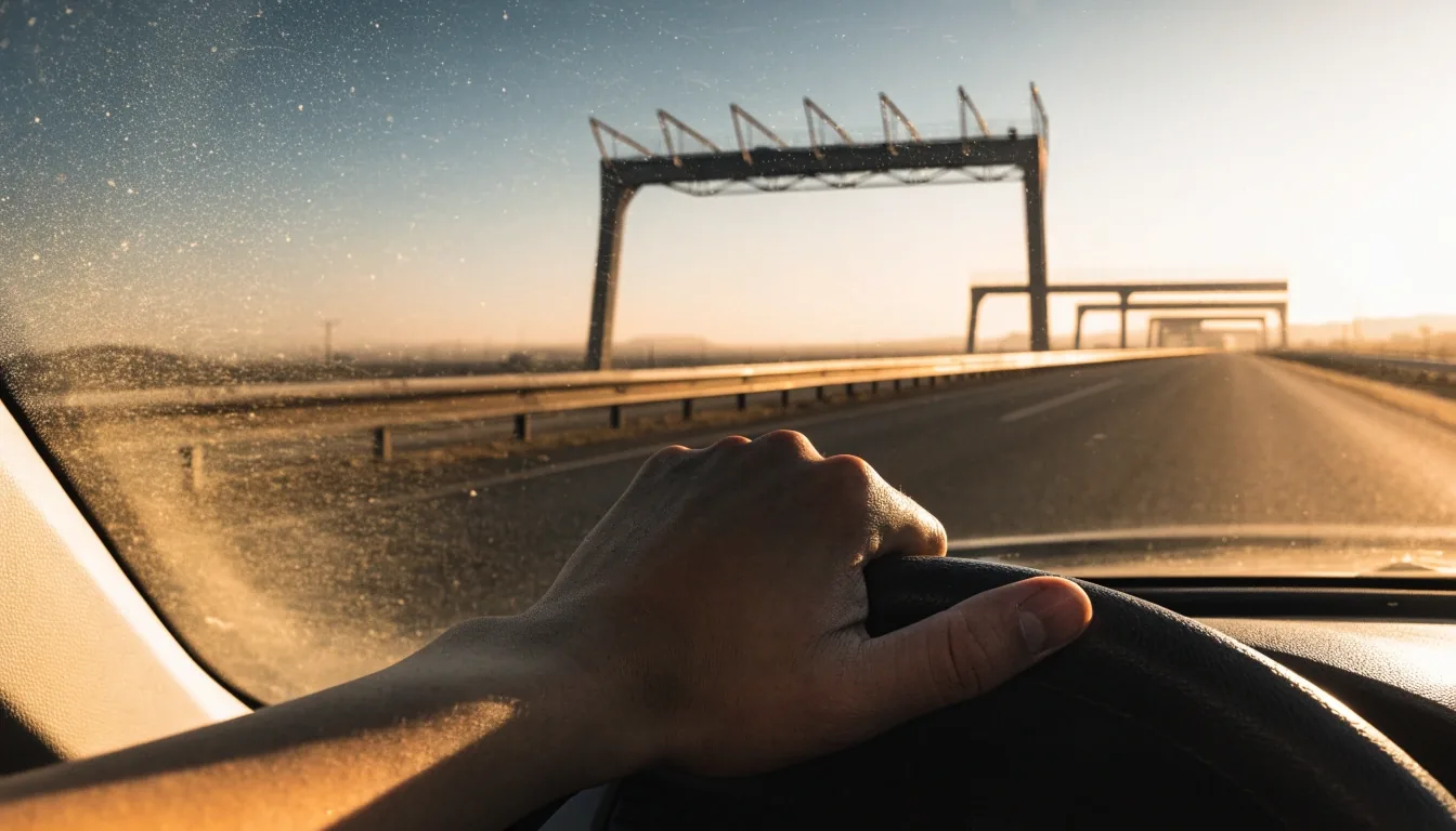 Driver's hand on the wheel approaching a highway gantry at golden hour