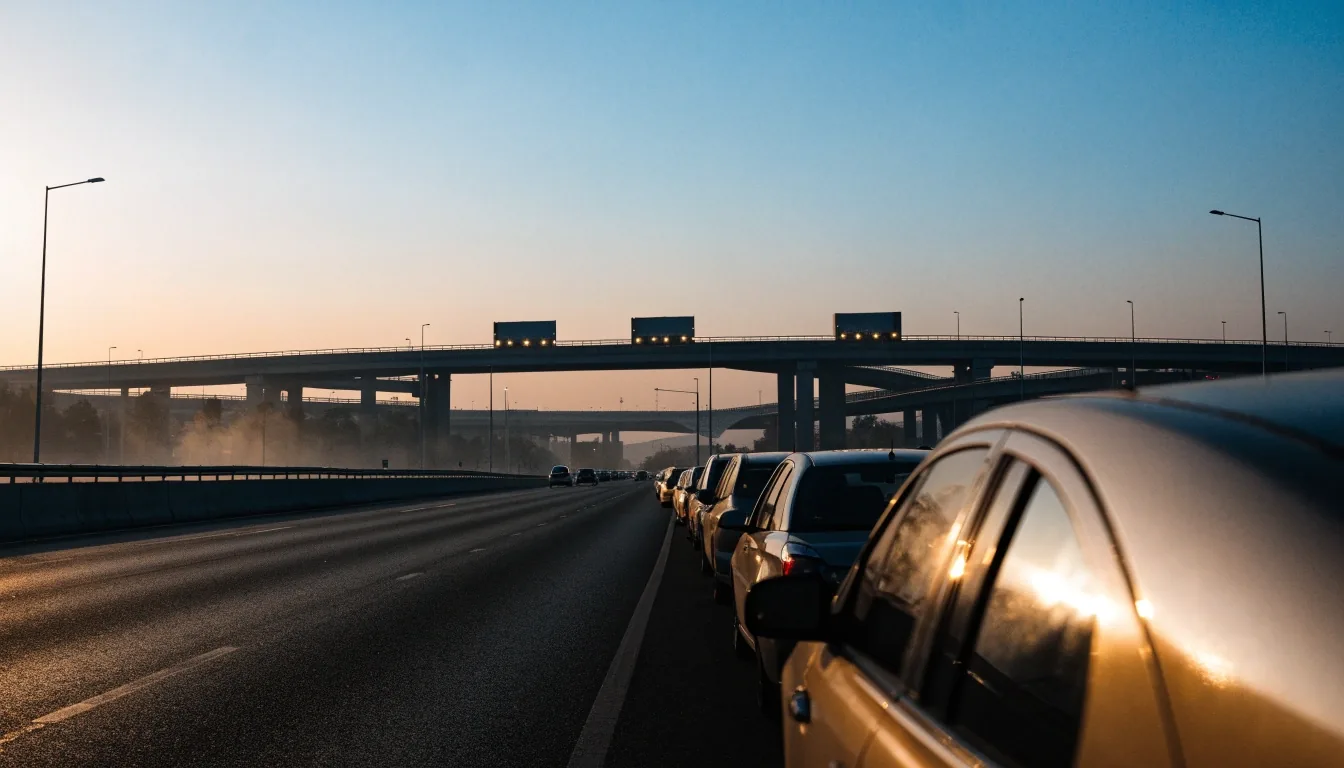 Taxi queue along a wide Dubai road at dusk seen with a long lens