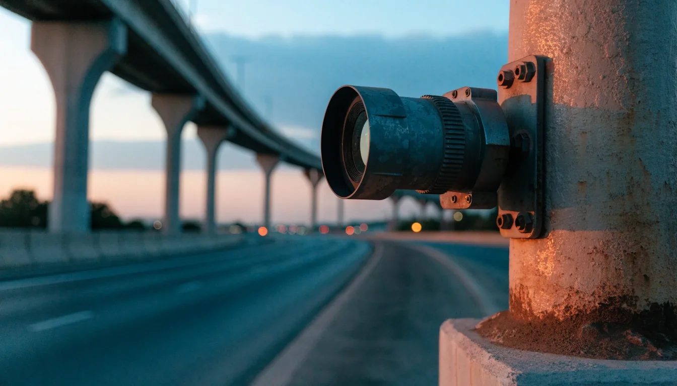 Underbelly of a steel highway toll gantry against an ochre evening sky