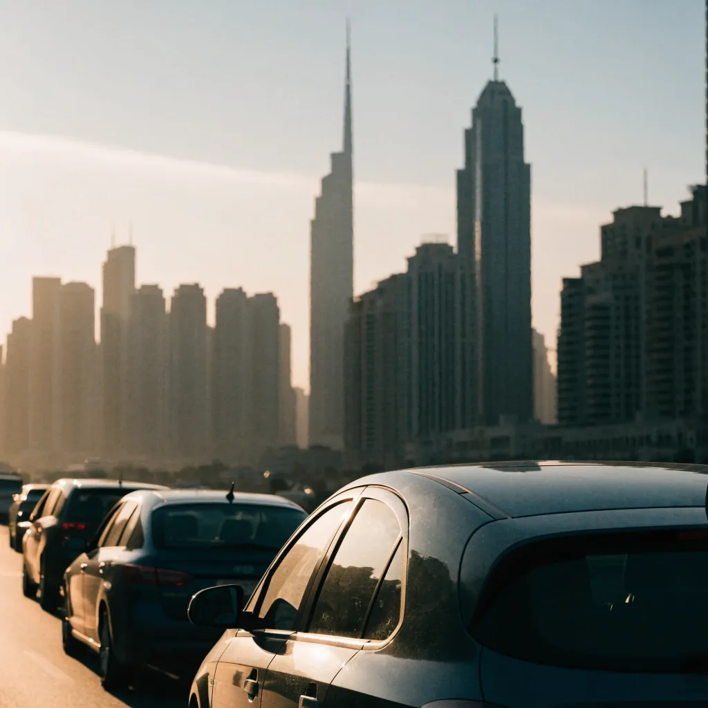 A quiet queue of cars on a Dubai road at dusk, warm light on the rooflines and a hazy tower skyline dissolving behind
