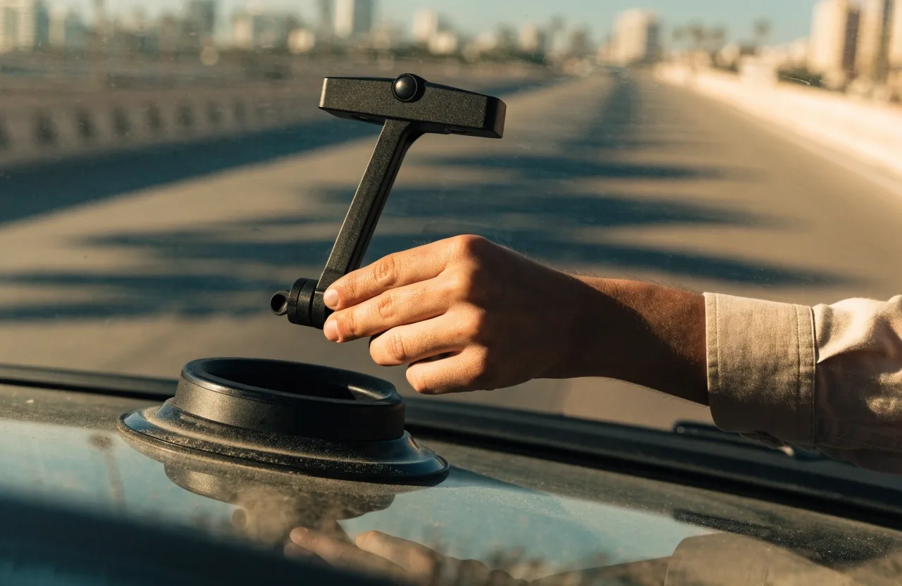 A car windscreen mount photographed from the passenger side, focus on the dust ring around the suction cup with a soft city intersection beyond