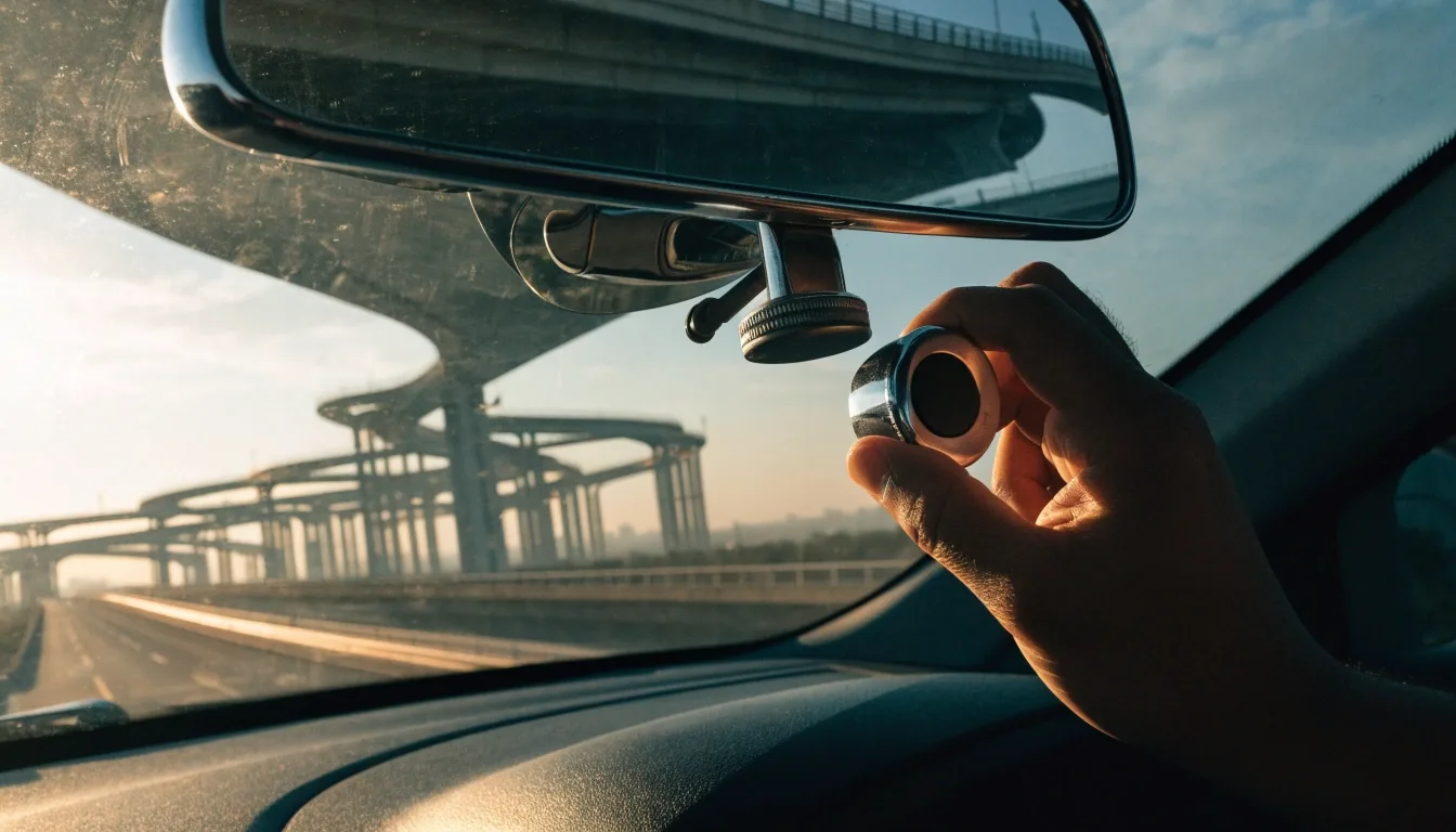 A driver's hand on the steering wheel with dusty windscreen glass in the foreground and the evening road thrown out of focus ahead