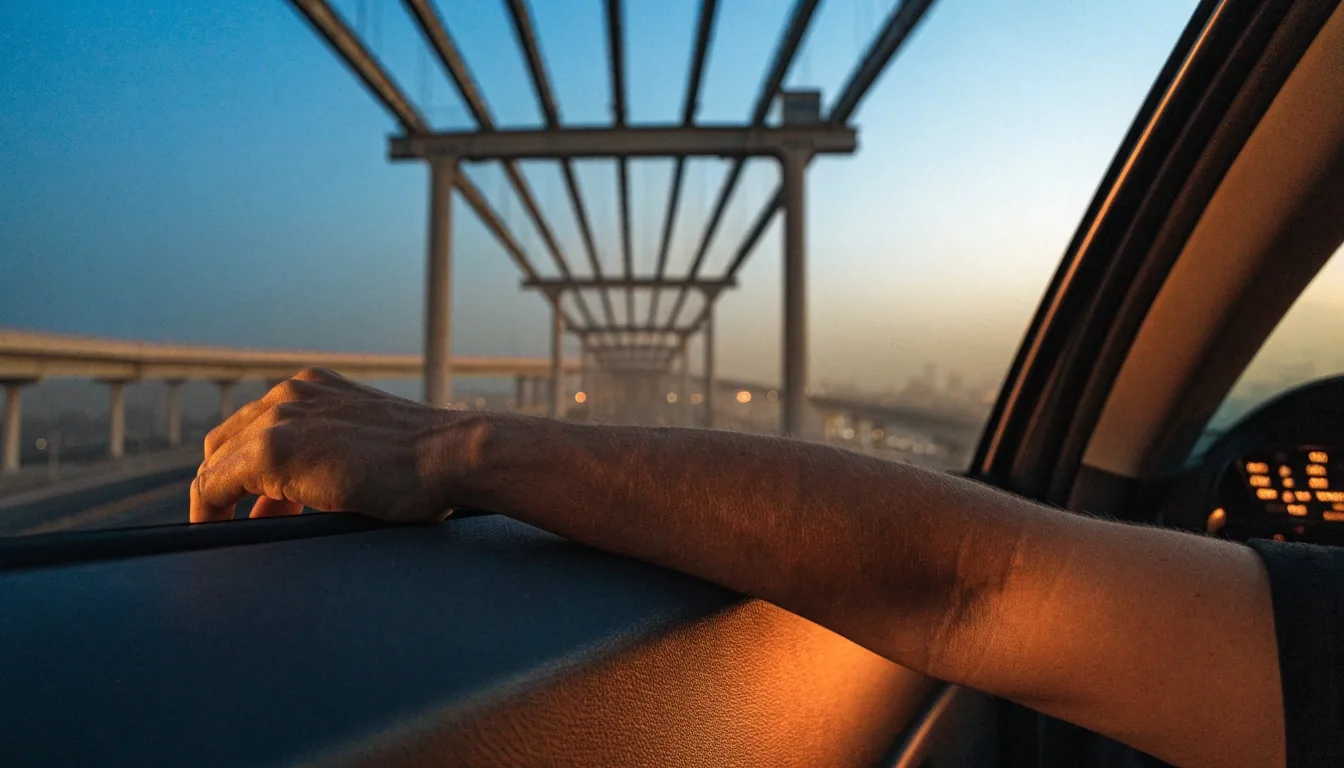A multi-lane Dubai corridor at dusk seen from dashboard height, with flyovers lining the horizon under a warm ochre sky