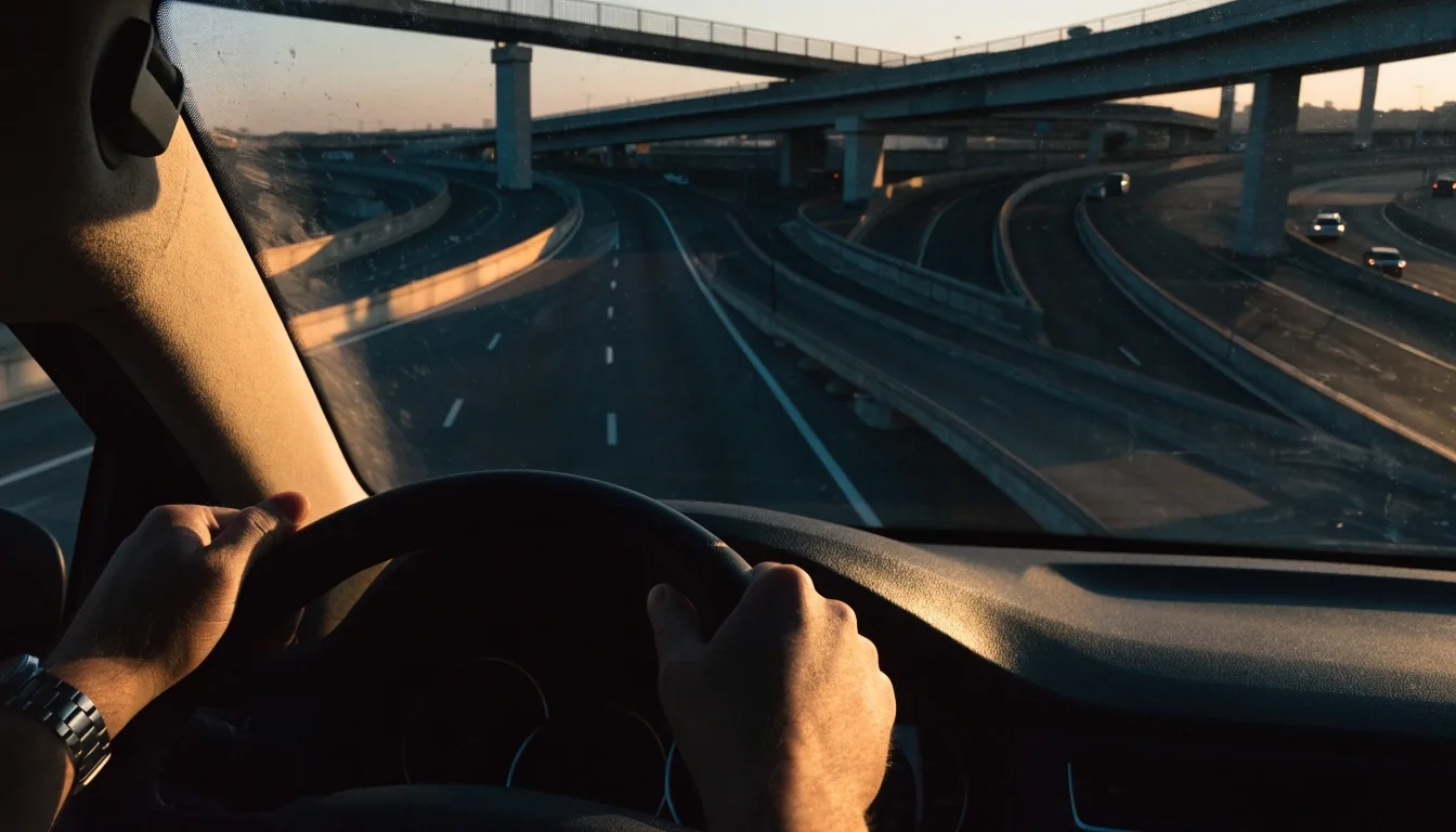 A commuter corridor seen at dashboard height near dusk, with tail lights receding into warm haze under an unlettered overhead gantry