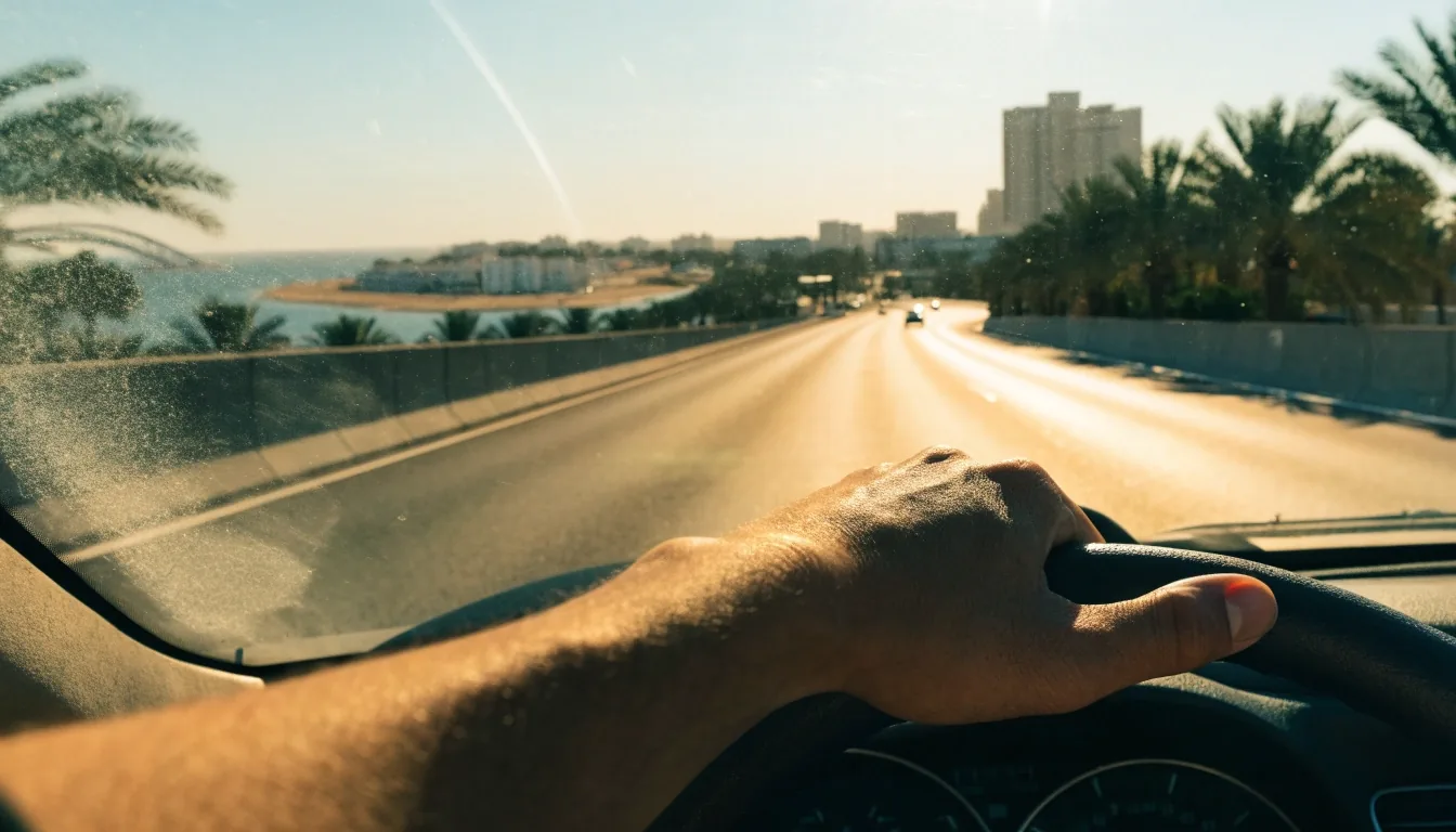 A driver's hand on the wheel at golden hour, with an island carriageway blurred beyond a dusty windscreen