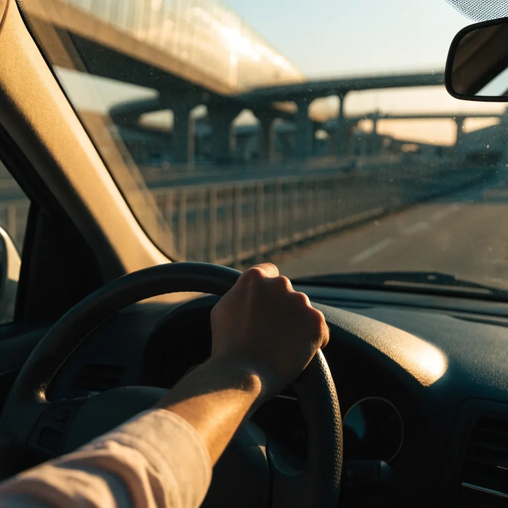 A driver's hand resting on a steering wheel at golden hour, looking out over an out-of-focus urban interchange