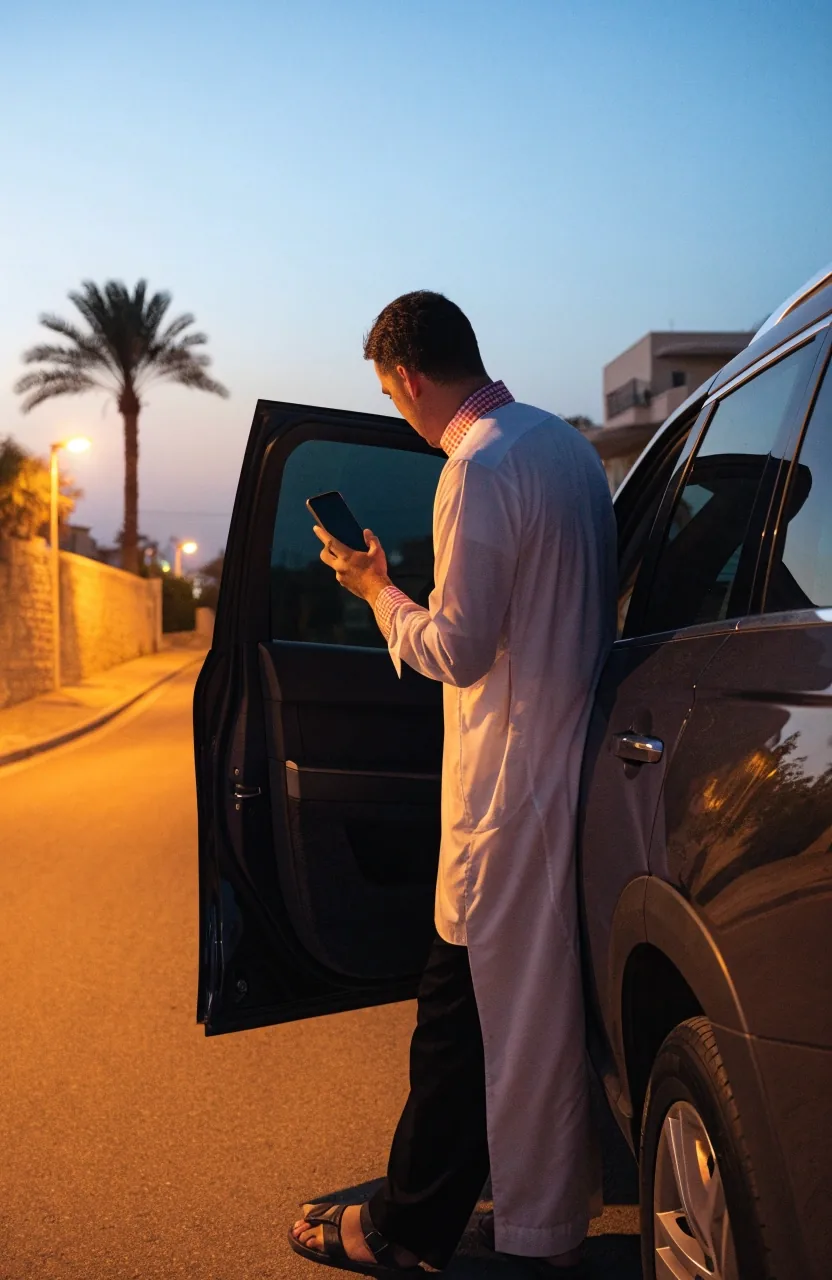 A blank weathered wall-plate fixed flush to a stone facade at golden hour, with a driver's hand resting on the frame edge