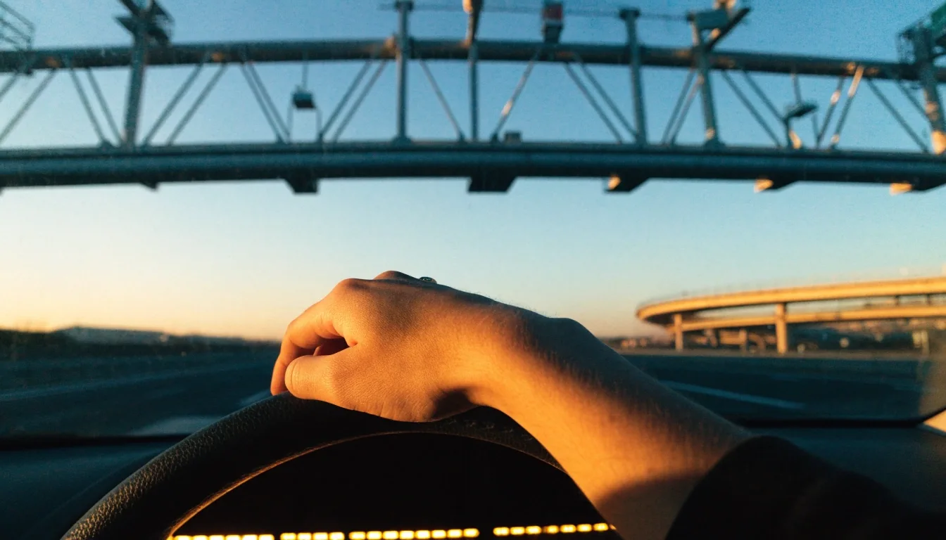 Golden-hour view through a windshield toward a steel road gantry with a distant interchange dissolving into haze