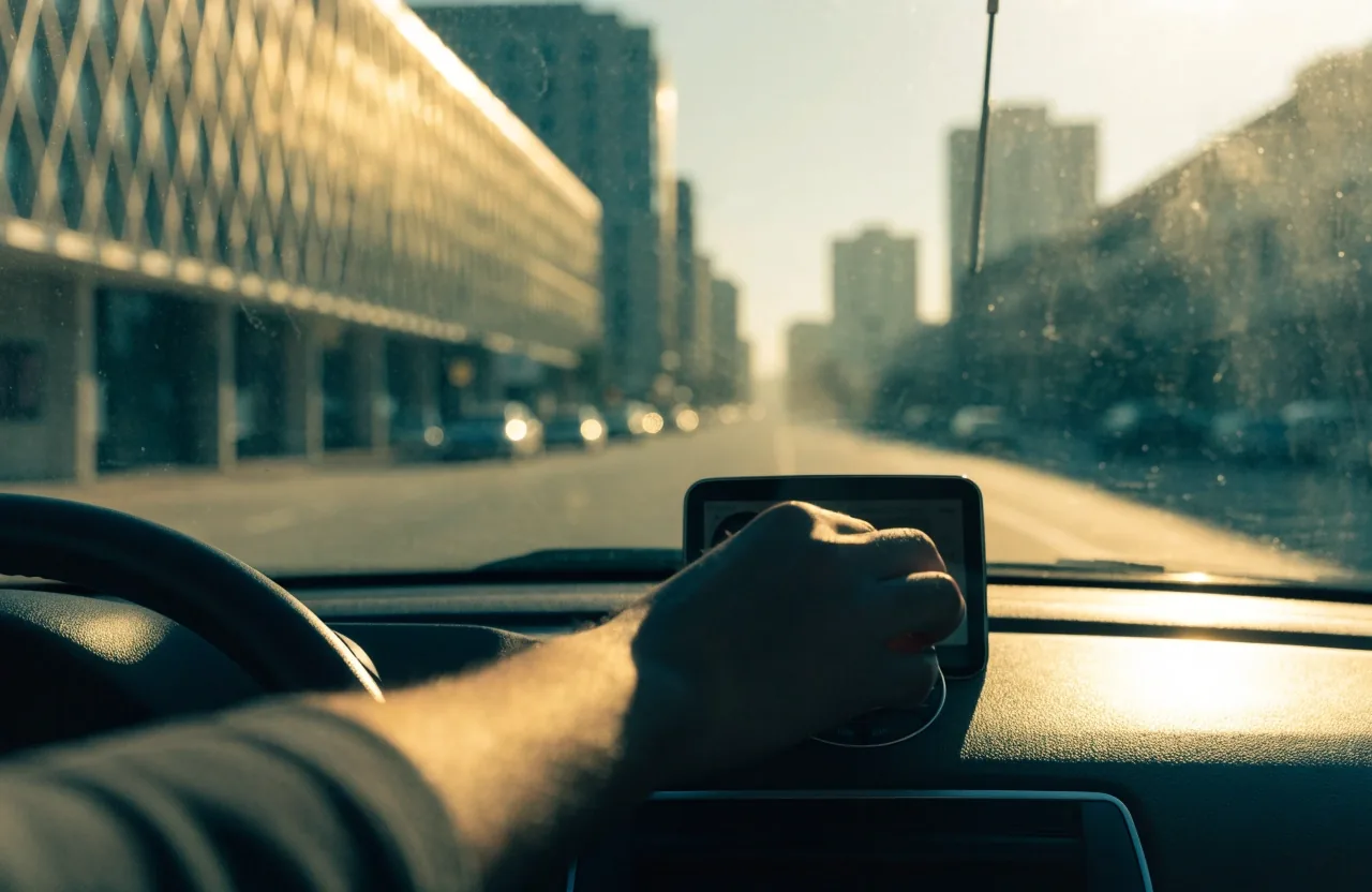 A driver's hand resting on a steering wheel at golden hour with a dust film on the windscreen and a hazy UAE street beyond
