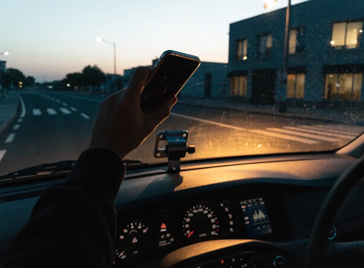 Close view from the passenger side of a matte unwired phone cradle on a windscreen, with a dust ring around the mount and a soft city intersection in the background