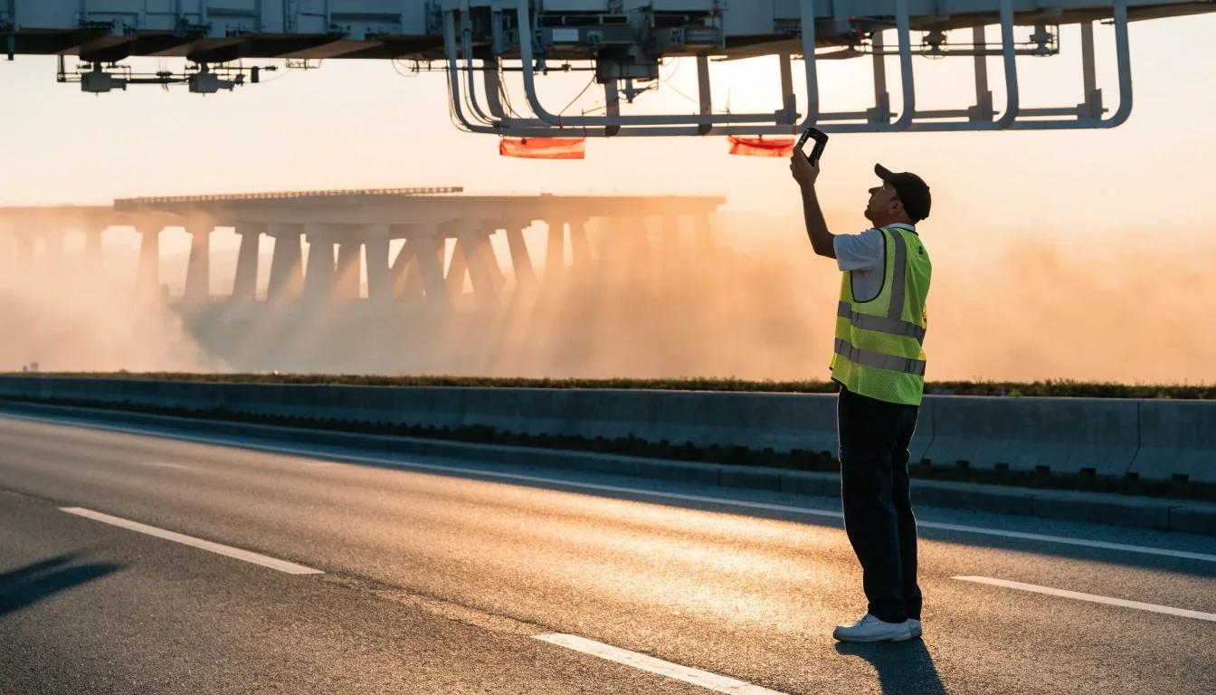 Golden-hour view along a UAE highway with a steel overhead gantry sharp in the middle distance and a distant interchange fading into haze