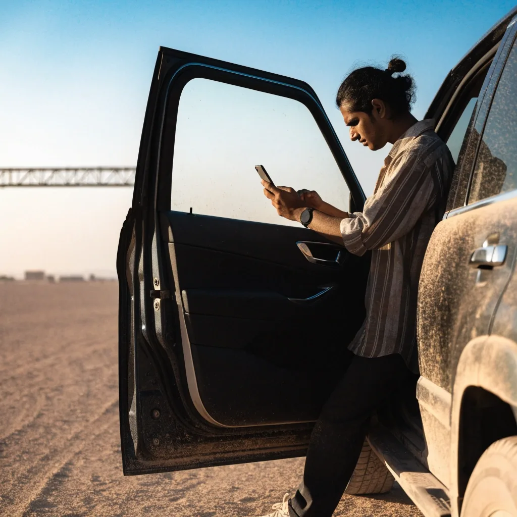Driver standing beside a parked car at a roadside rest area outside a UAE city at golden hour