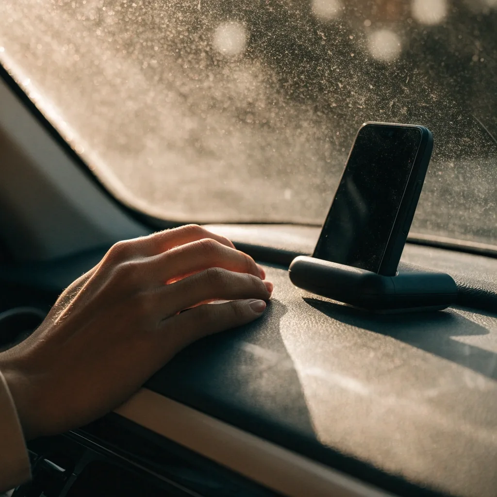 Driver's hand on a dashboard beside a dark unlit phone cradle catching warm side light