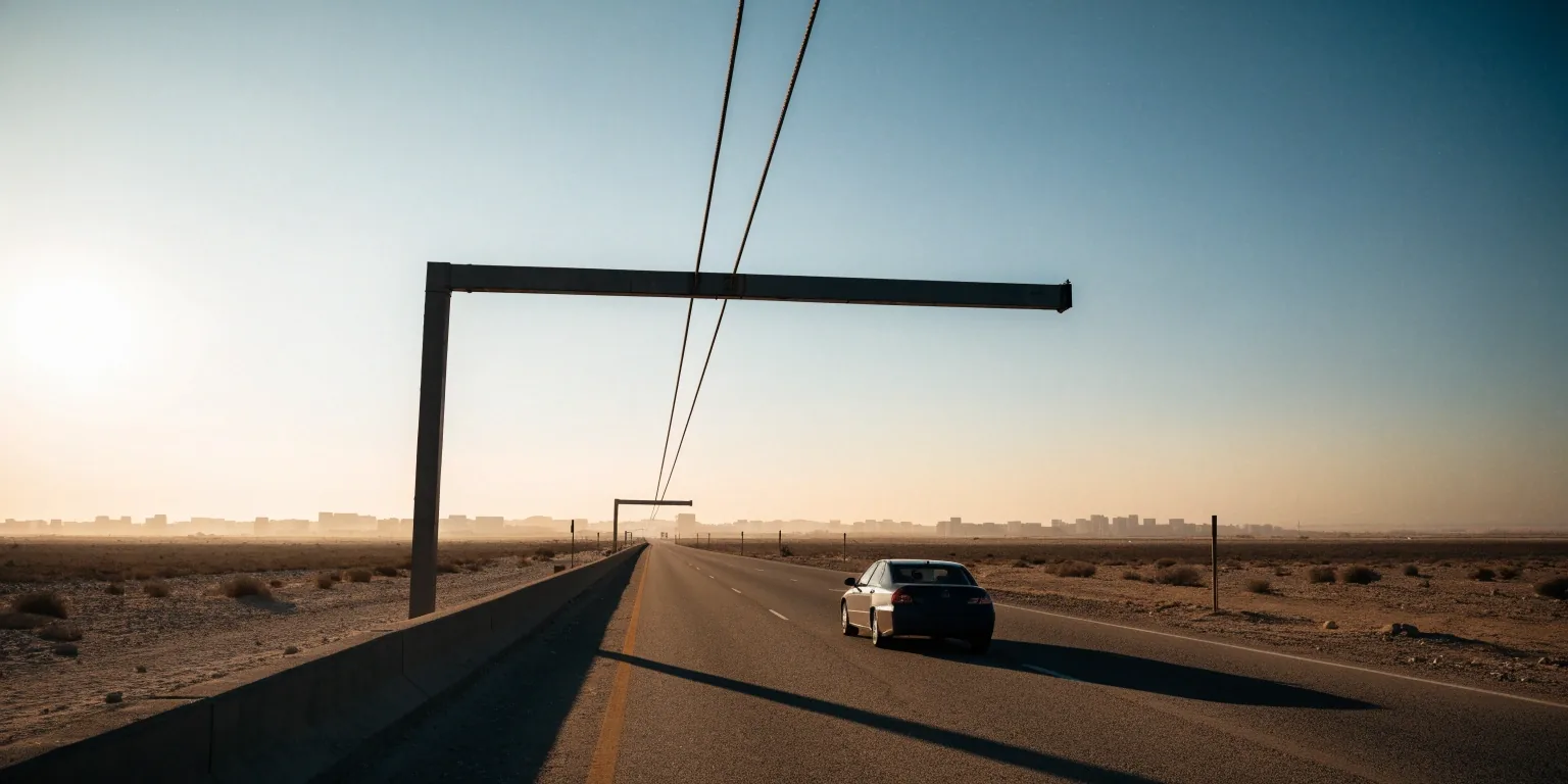 Empty desert highway running toward a hazy horizon at golden hour