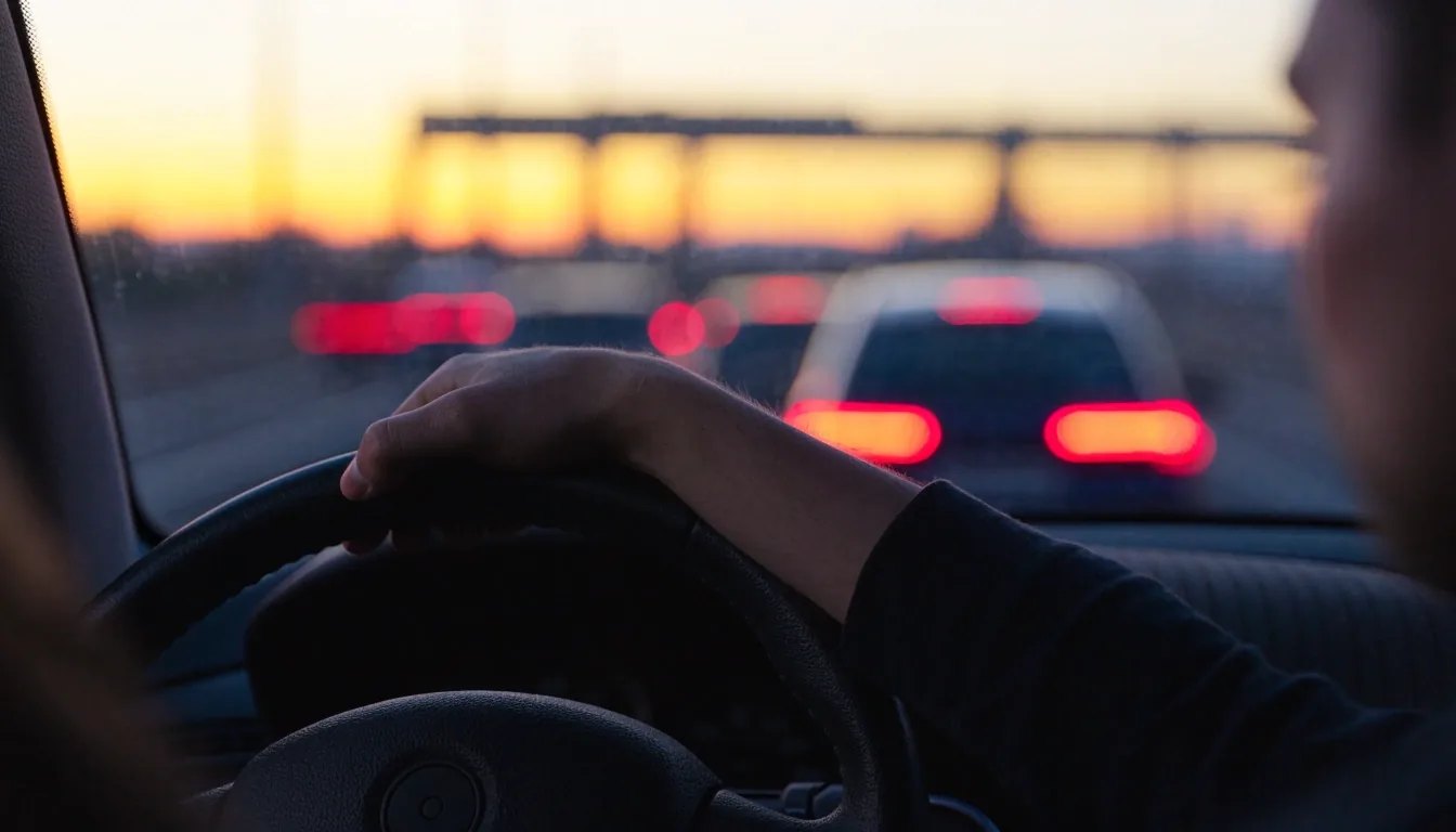 Multi-lane UAE corridor at dusk seen from dashboard height