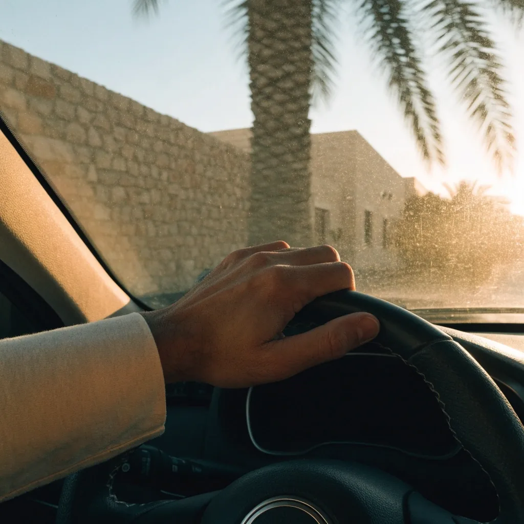 Dubai residential street at golden hour seen from a car window, with a driver's hand resting on the wheel in the foreground