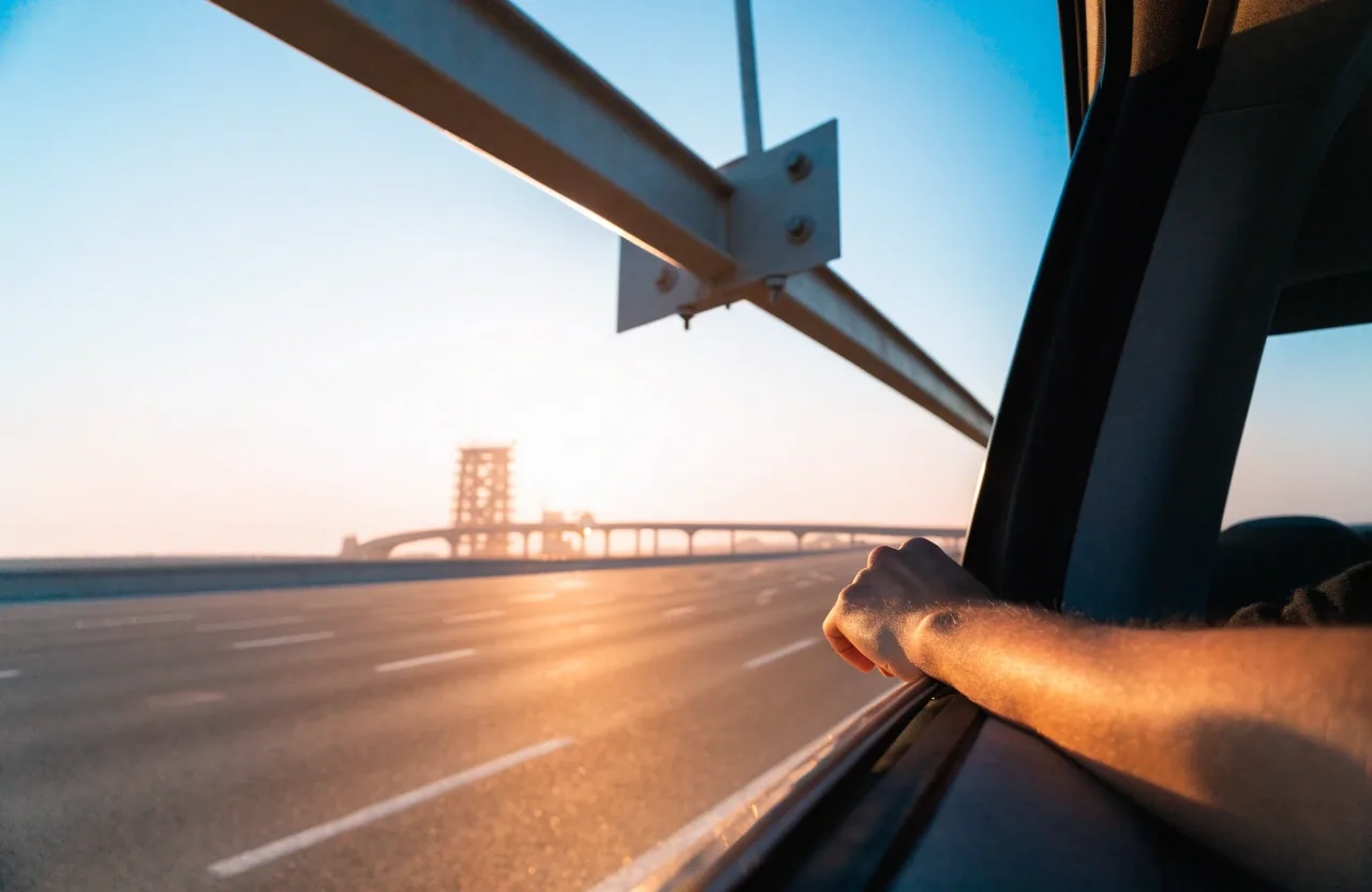 Steel overhead gantry raking over an empty UAE highway at sunset, seen obliquely