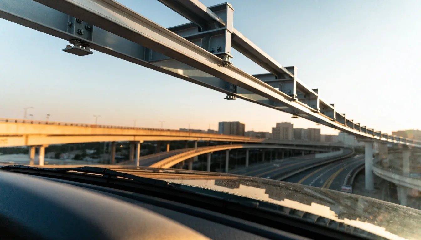 Steel road gantry over a Dubai carriageway at sunset, seen through a windshield with a distant interchange in haze
