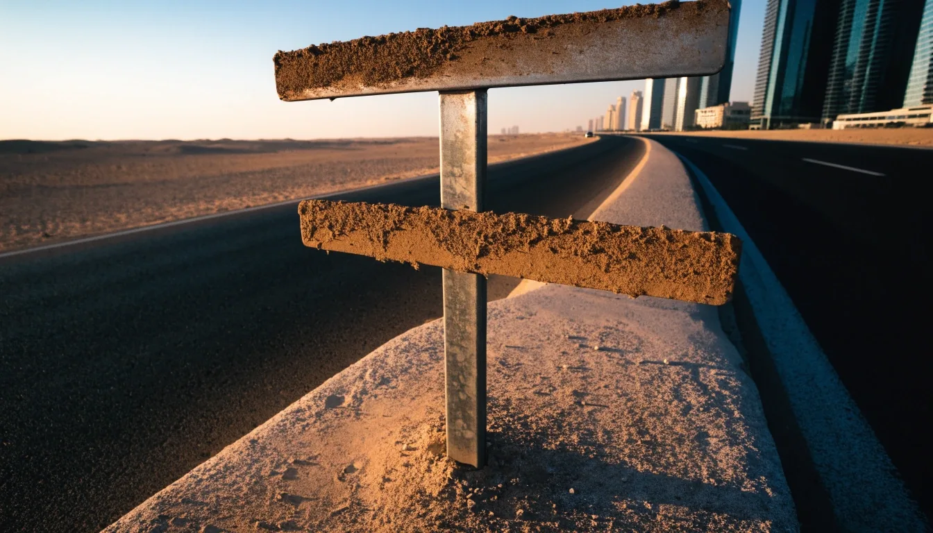 A machined fixed location plate set flush into a weathered stone facade on a Dubai street at golden hour